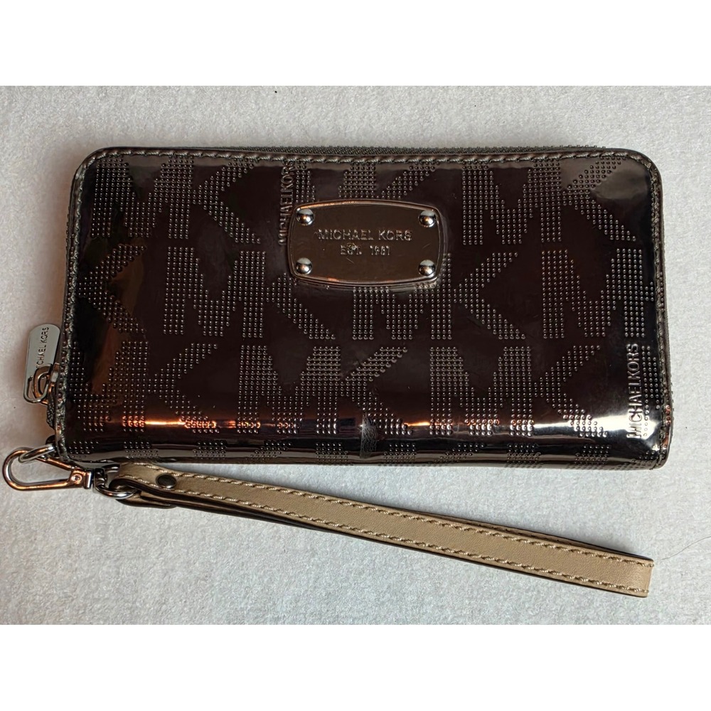 Michael Kors Jet Set Metallic Bronze Perforated Logo Zip Around Wristlet Wallet